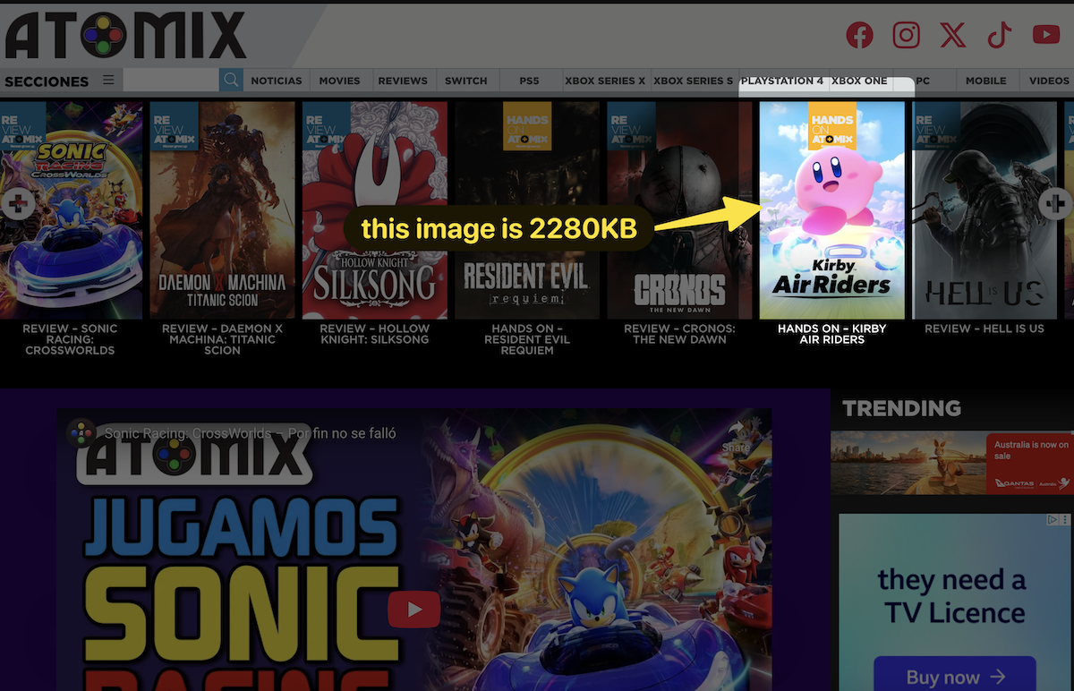 Uncompressed images on a homepage with a large file size