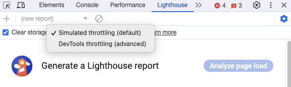 Applied and simulated throttling in DevTools Lighthouse