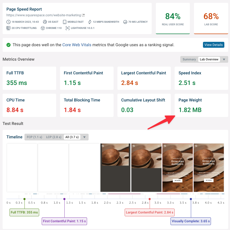 Page speed test result with page weight highlighted