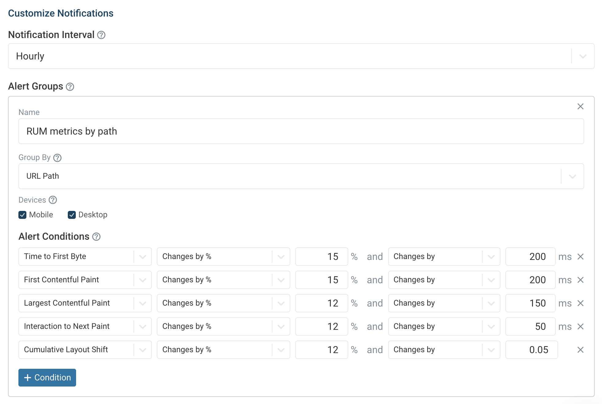 RUM alerts config UI