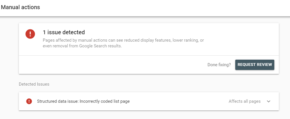 Google search console - security and manual actions