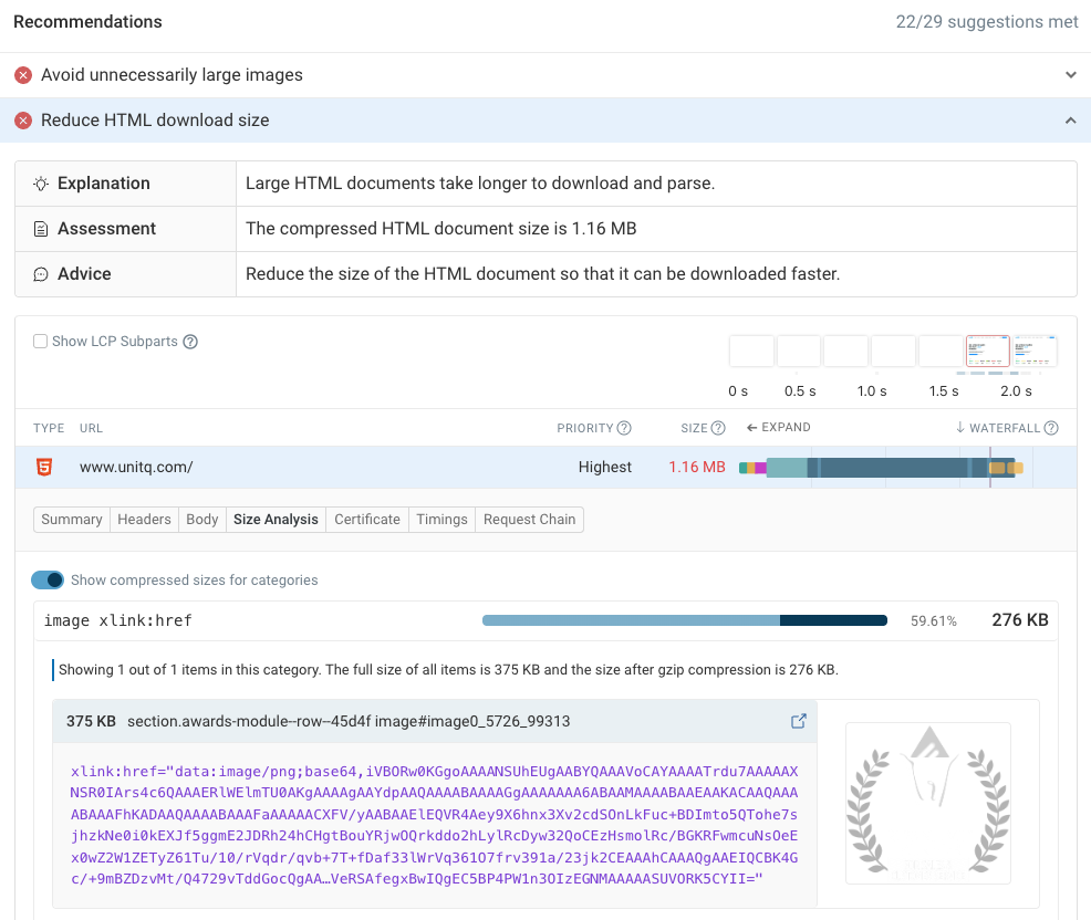 Page speed optimizations recommendations with HTML size issues