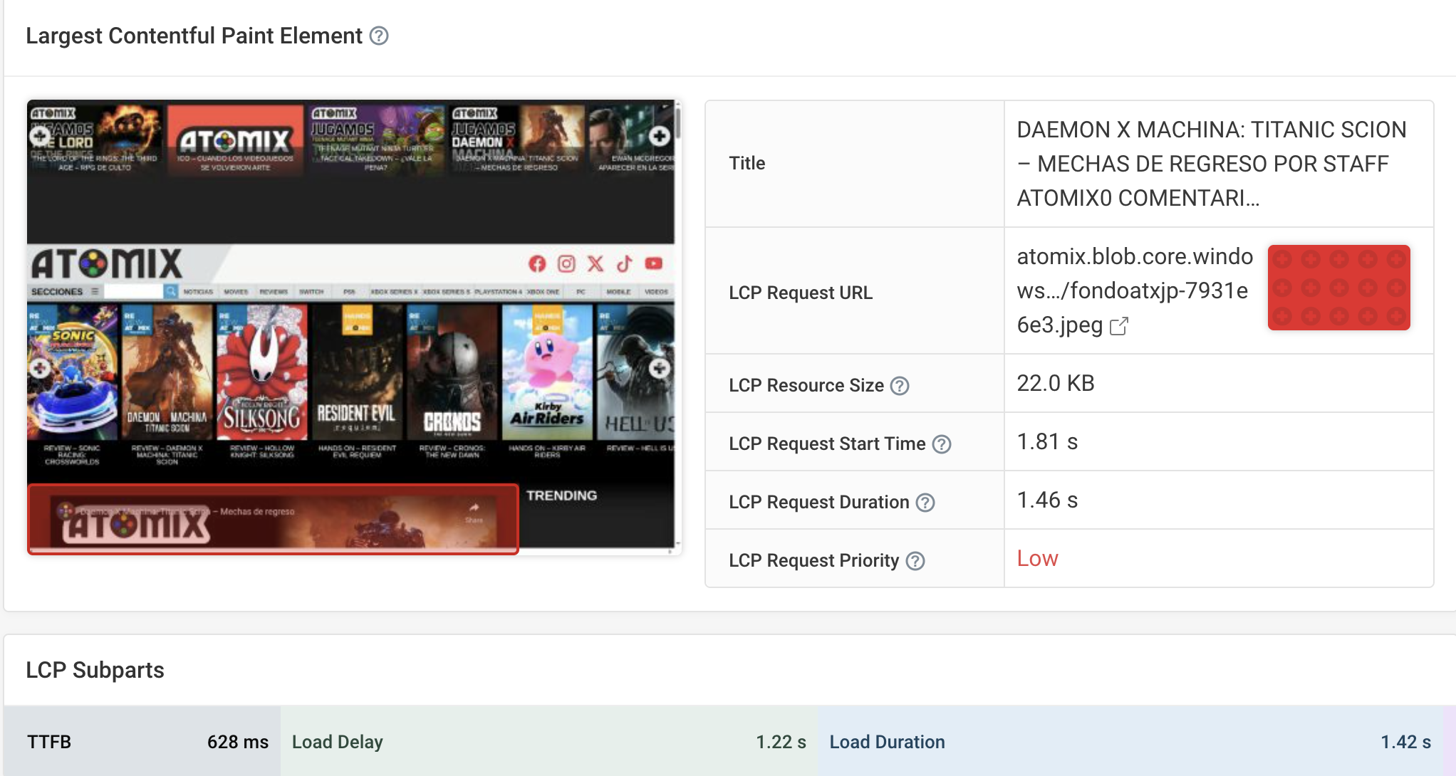 Background image as LCP, Debugbear view