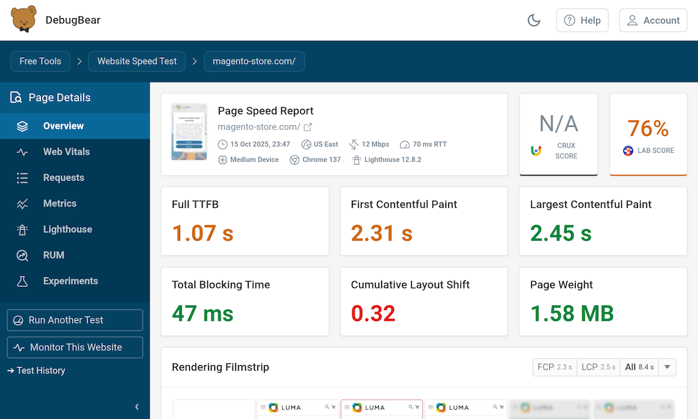 Page speed test result for a Magento site