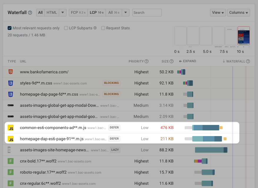 DebugBear waterfall with JavaScript requests