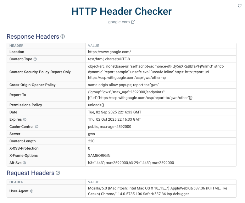 HTTP header checker screenshot