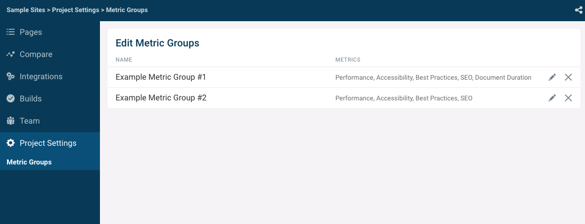 Sidebar Menu and List of Metric Groups in DebugBear