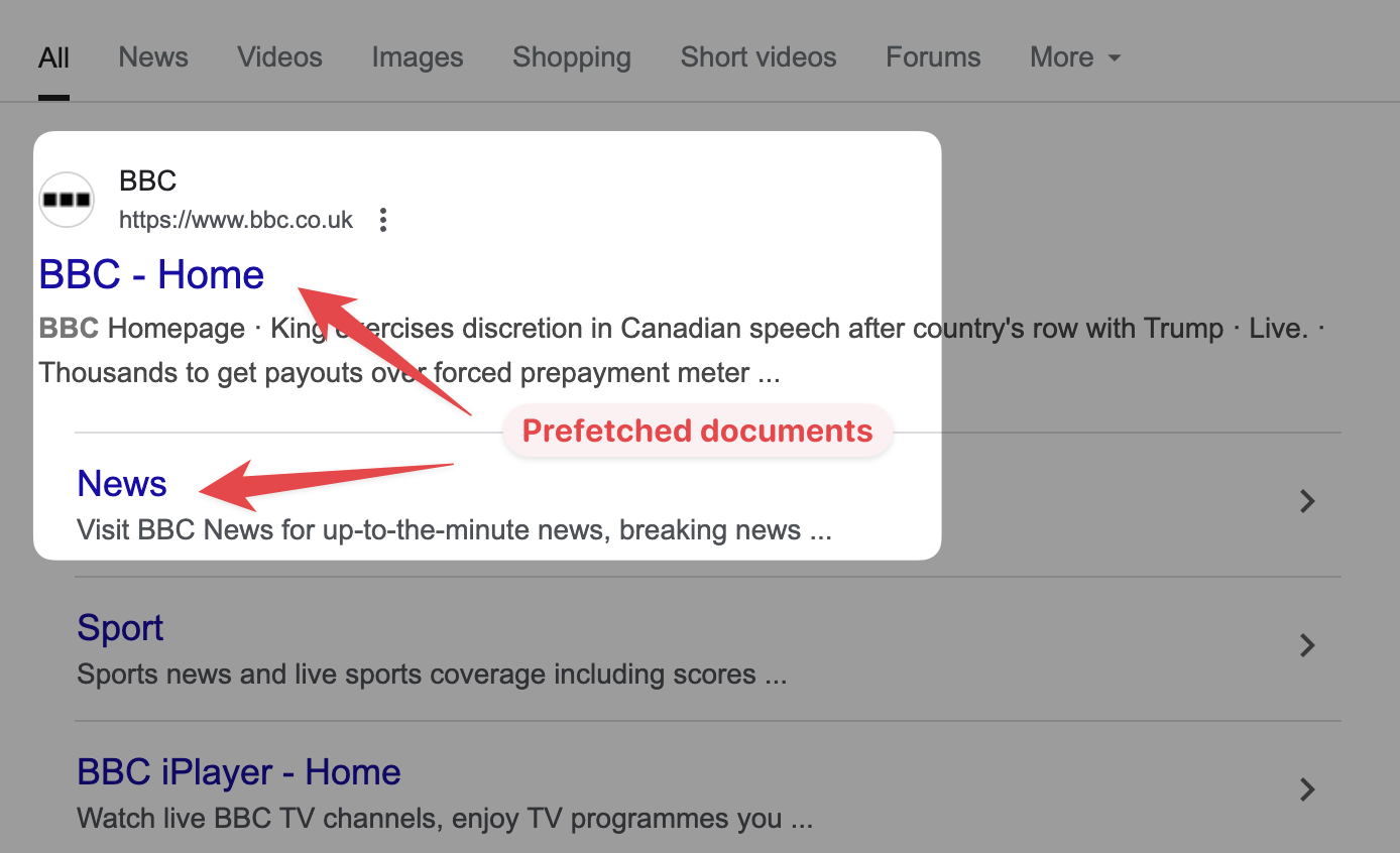 Prefetched links from Google search results