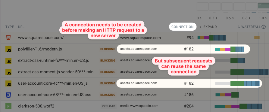 Request waterfall showing HTTP requests and server connections