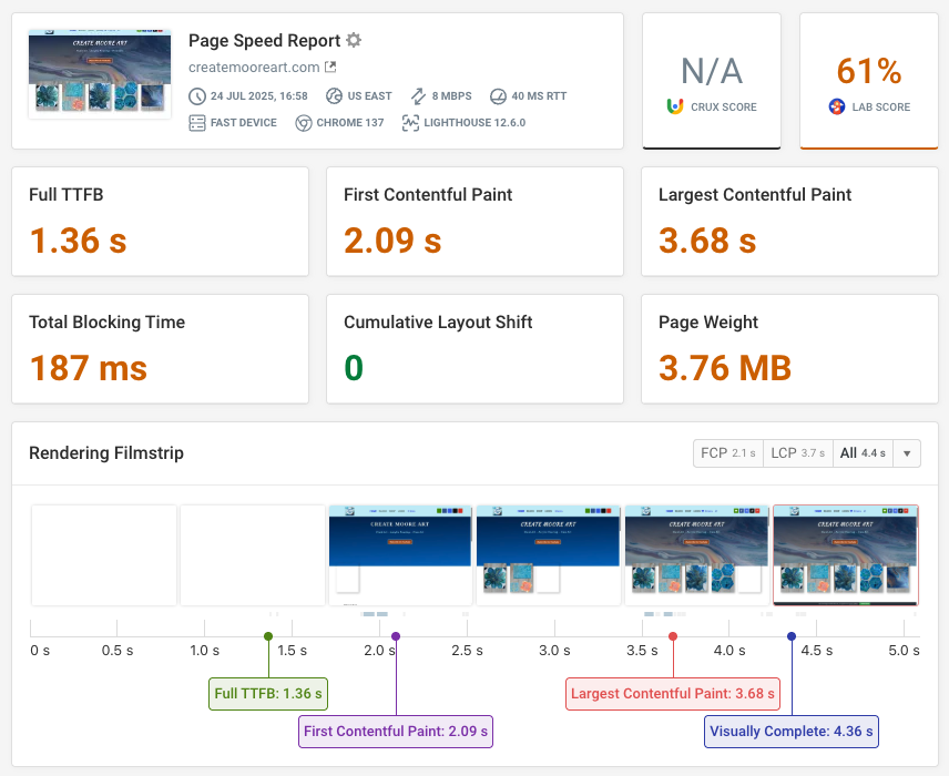 DebugBear page speed result