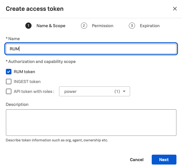 Access token type and name dialog