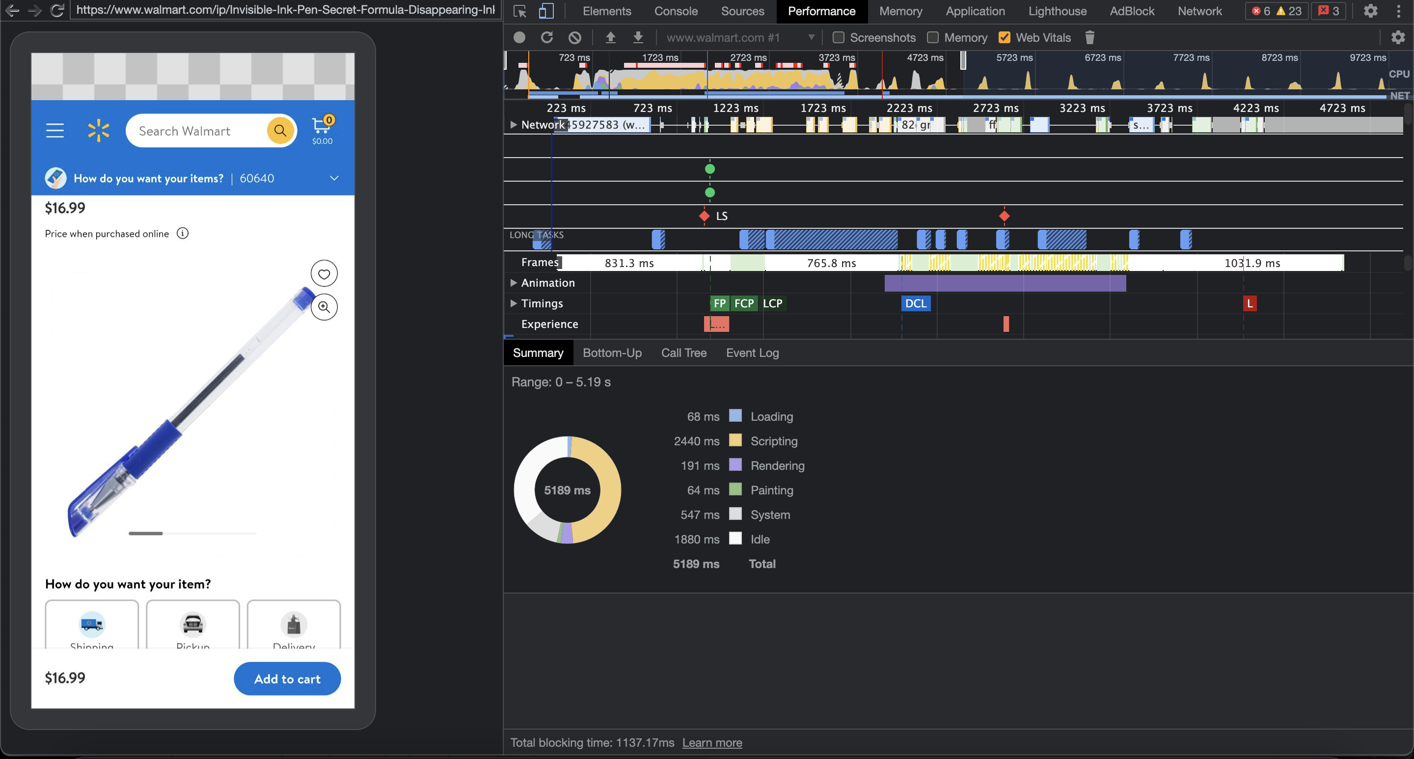 An example of the Performance tab of Chrome DevTools