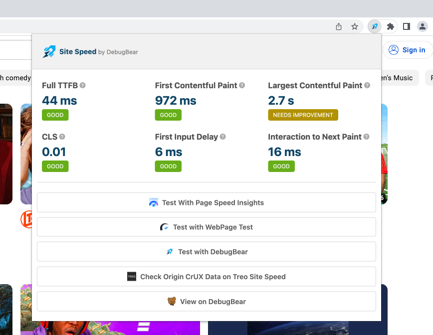 Web vitals metrics in extension