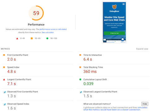 Observed metrics on PageSpeed Insights