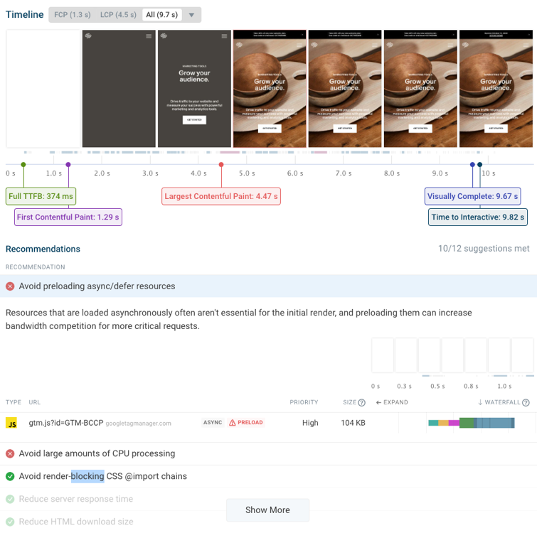 Website rendering filmstrip